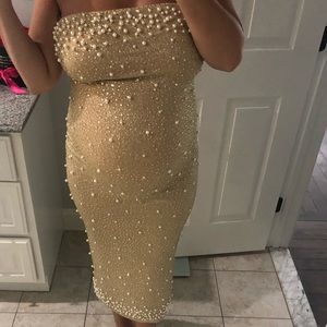Rhinestone gold pearl stretchy maxi/midi dress
